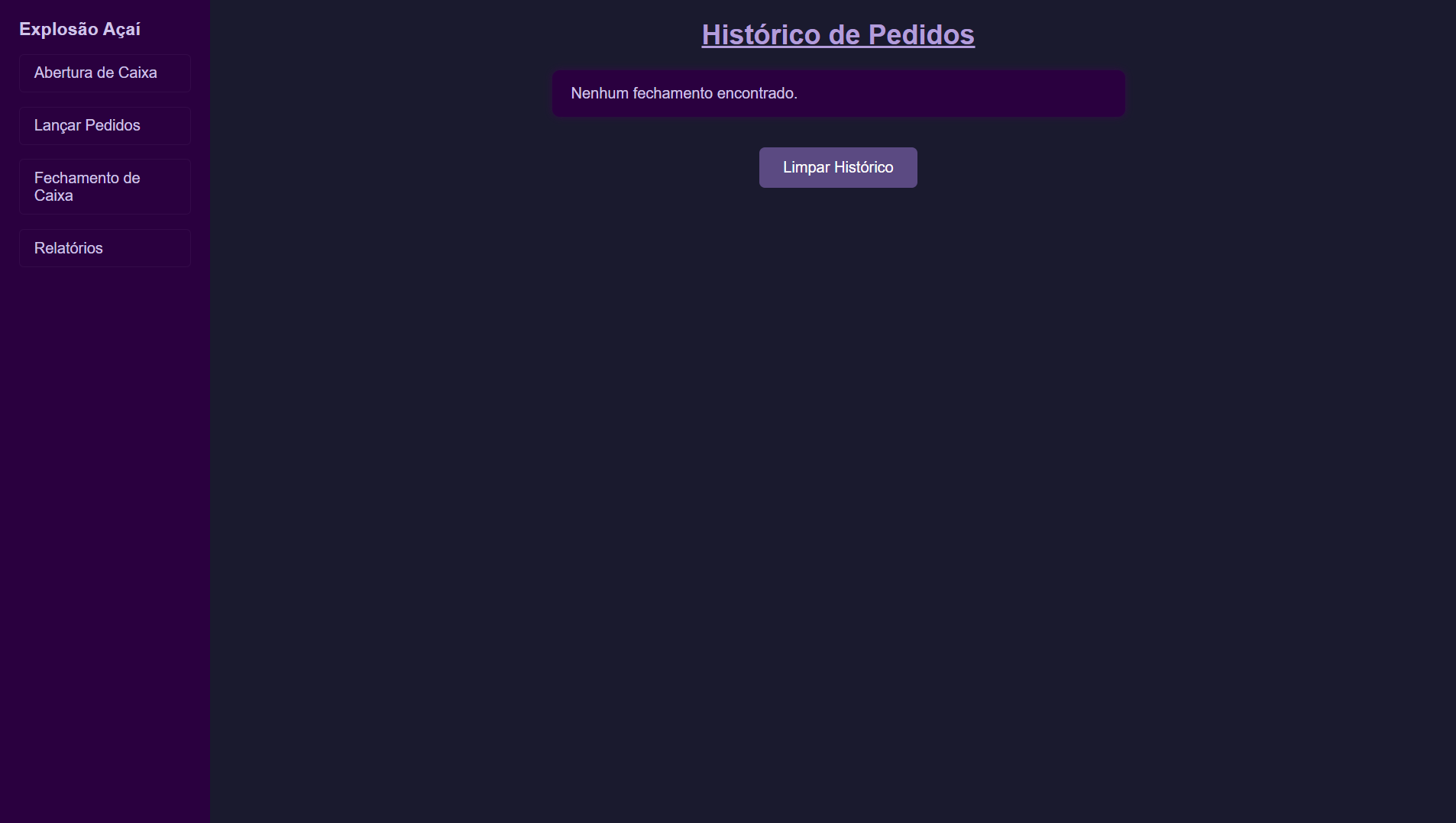 Tela de histórico de pedidos